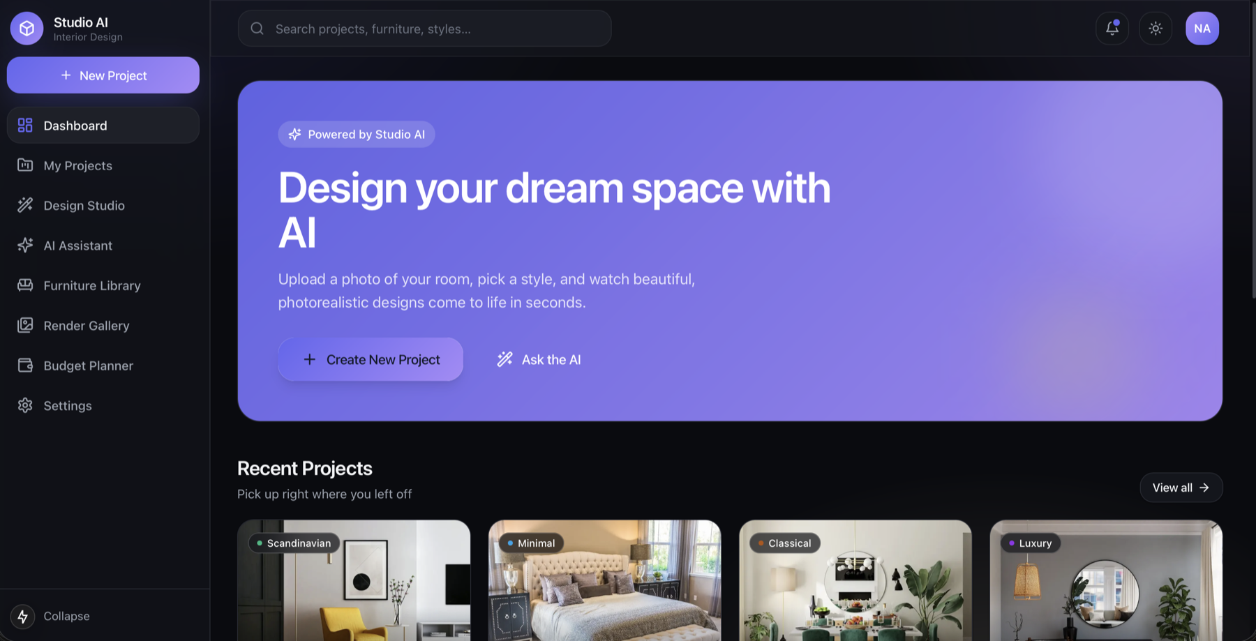Studio AI dashboard to design a space with AI