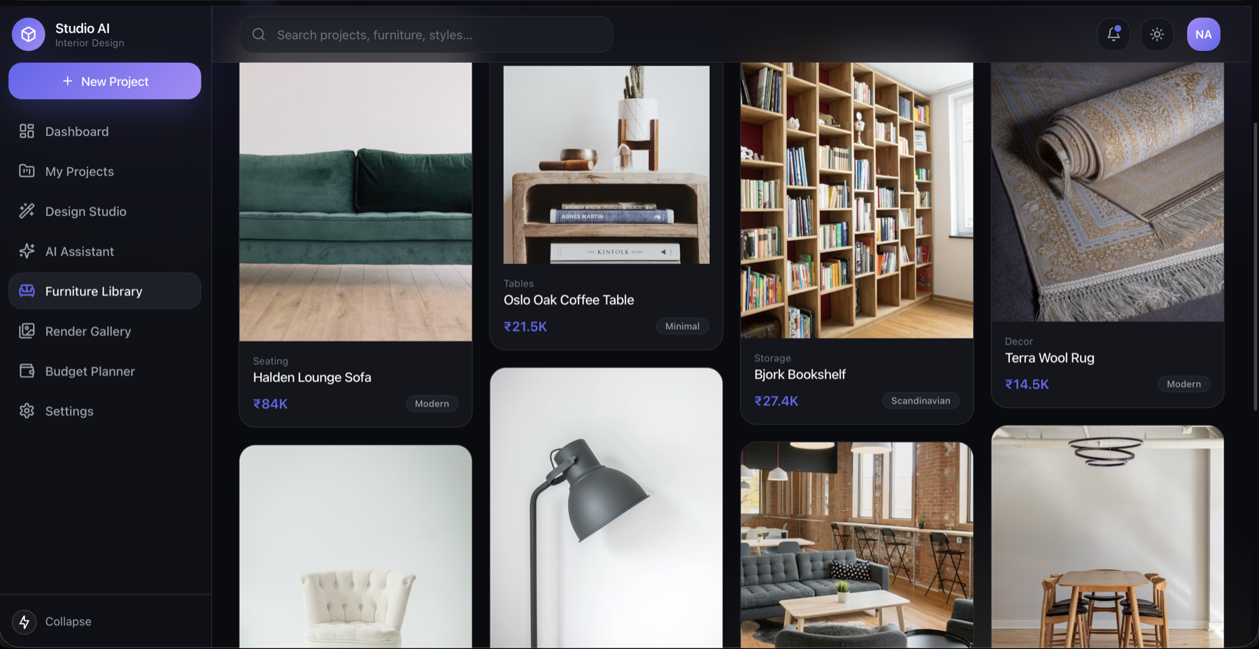 Furniture library with 3D product catalog